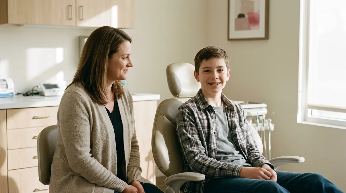 Adolescent au fauteuil accompagné de son parent en cabinet d’orthodontie